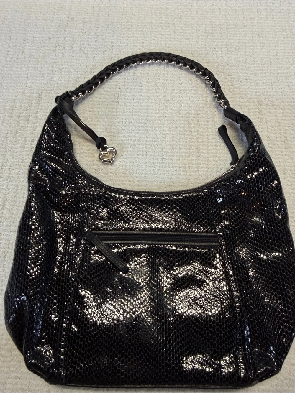 Brighton Black Leather Snakeskin Hobo Shoulder Bag Heart Charm